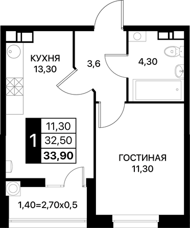 Планировка 1-комн 33,9 м²