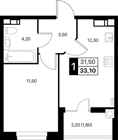 Планировка 1-комн 33,1 м²