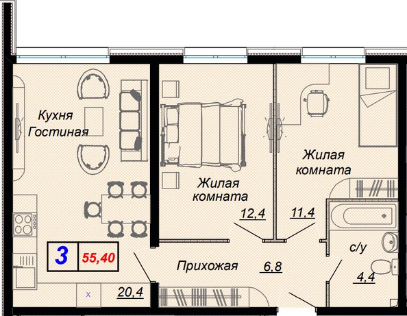 Планировка 3-комн 55,4 м²