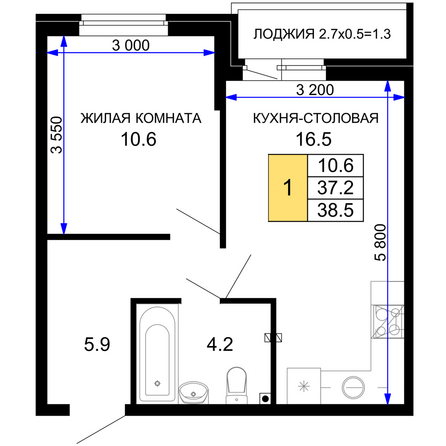 Планировка 1-комн 38,5 м²