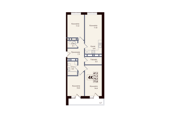 Планировка 4-комн 74,2 м²