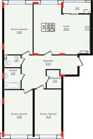 Планировка 3-комн 97,2, 101,7 м²