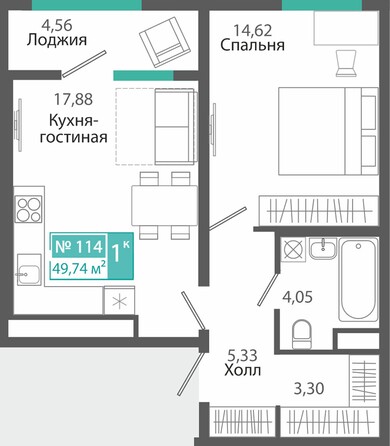 Планировка 1-комн 49,74 м²