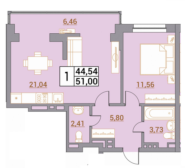 Планировка 1-комн 51 м²