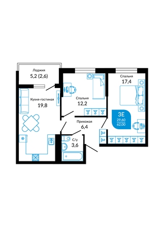 Планировка 2-комн 62 м²