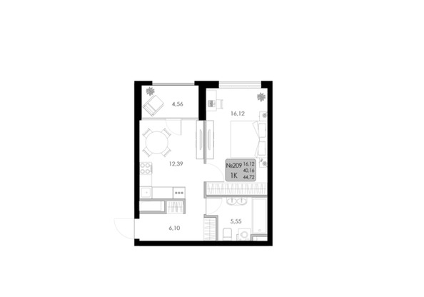 Планировка 1-комн 44,72 м²
