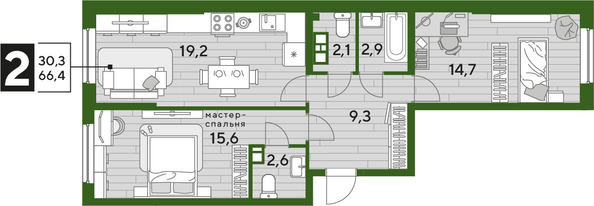 Планировка 2-комн 66,4 м²