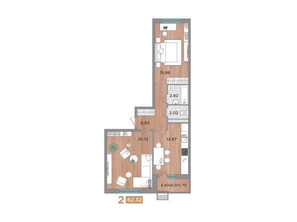 Планировка 2-комн 62,32 м²