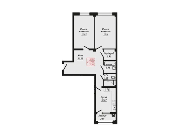 Планировка 2-комн 71,92 м²