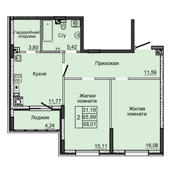 Планировка 2-комн 68,01 м²