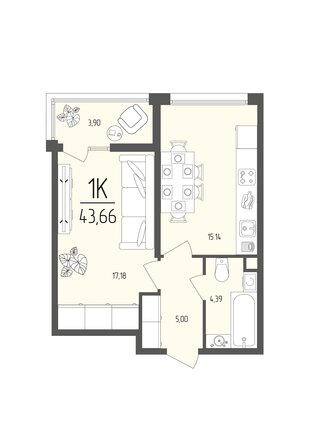 Планировка 1-комн 43,66 м²