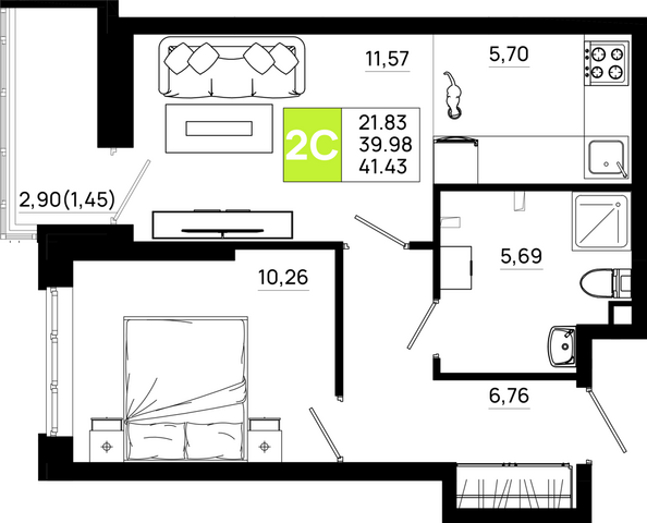 Планировка 1-комн 41,43 м²