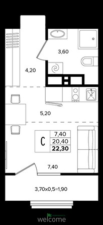 Планировка 1-комн 22,3 м²