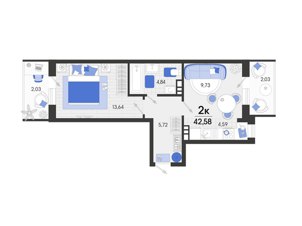 Планировка 2-комн 42,58 м²