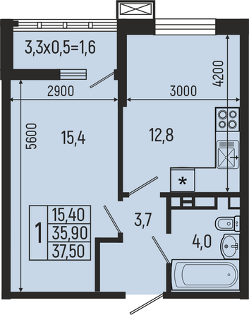 Планировка 1-комн 37,5, 37,9 м²