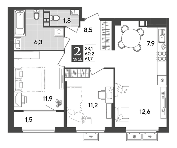 Планировка 2-комн 61,7 м²