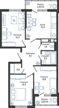 Планировка 3-комн 71,8 - 72,5 м²