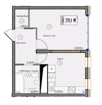 Планировка 1-комн 39,1 м²