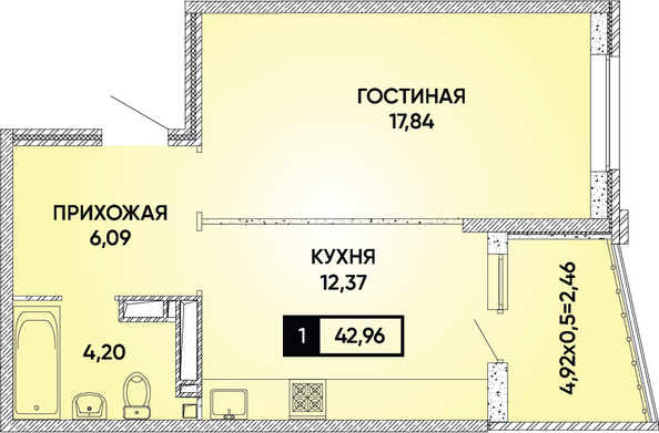 Планировка 1-комн 42,96 м²