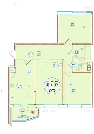 Планировка 3-комн 73,1 м²