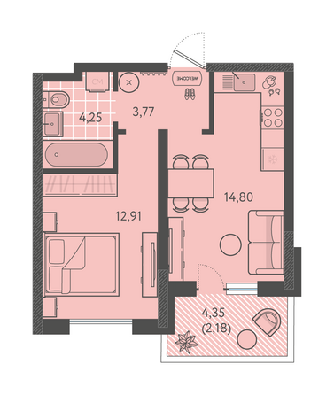 Планировка 1-комн 37,91 м²