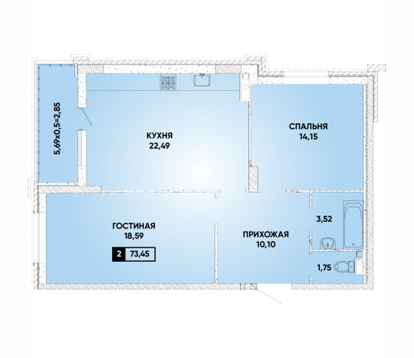 Планировка 2-комн 74,45 м²