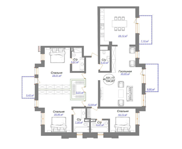 Планировка 4-комн 194,87 м²
