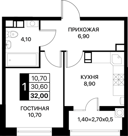 Планировка 1-комн 32 м²