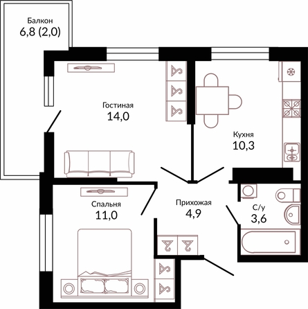 Планировка 2-комн 45,8 м²