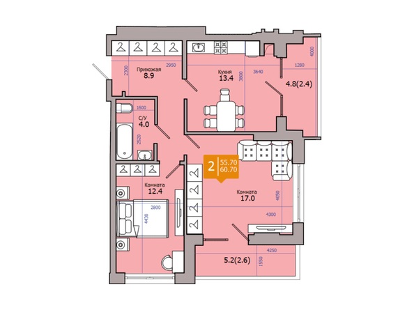 Планировка 2-комн 60,7 м²