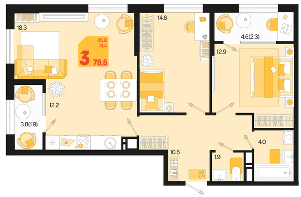 Планировка 3-комн 78,6, 79,3 м²