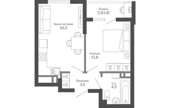 Планировка 1-комн 37,6 м²