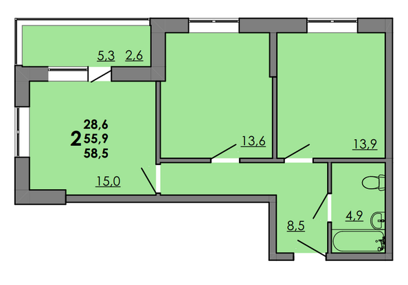 Планировка 2-комн 58,5 м²