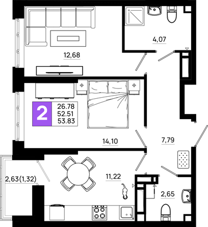 Планировка 2-комн 53,83 м²