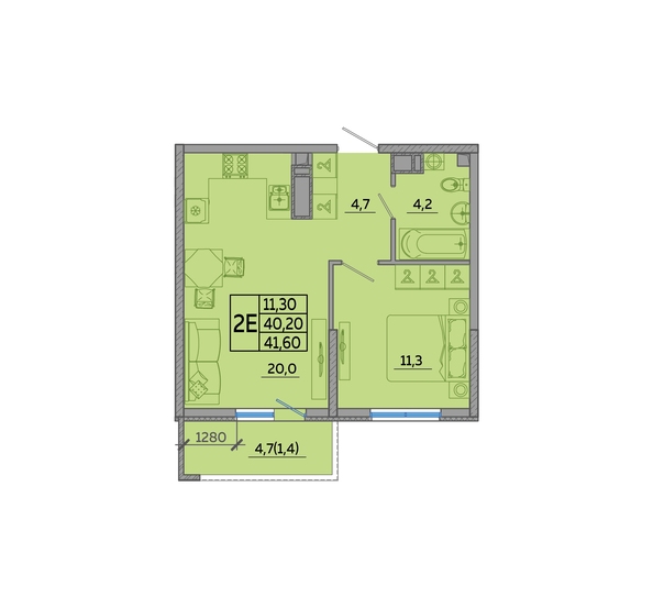 Планировка 1-комн 41,6, 42,3 м²