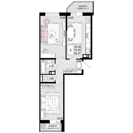 Планировка 2-комн 56,97 м²