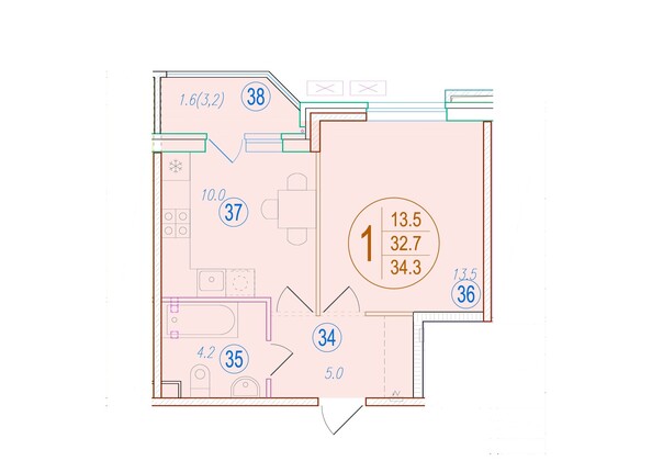 Планировка 1-комн 34,3 м²