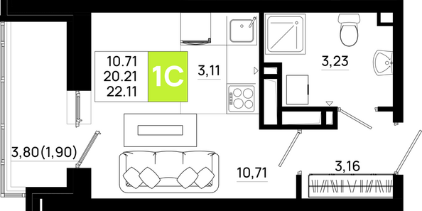 Планировка Студия 22,11 м²