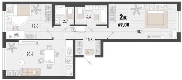 Планировка 2-комн 69 м²