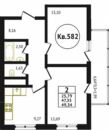 Планировка 2-комн 49,34, 50 м²