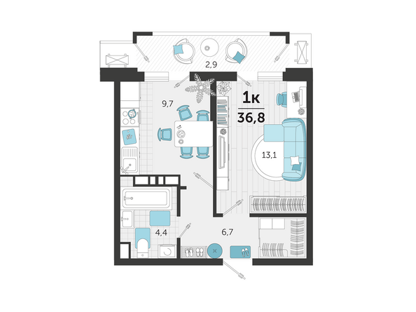 Планировка 1-комн 36,5, 36,8 м²