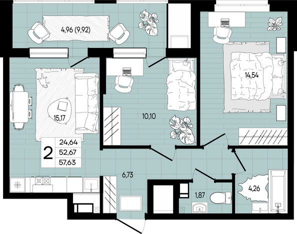 Планировка 2-комн 57,63 м²