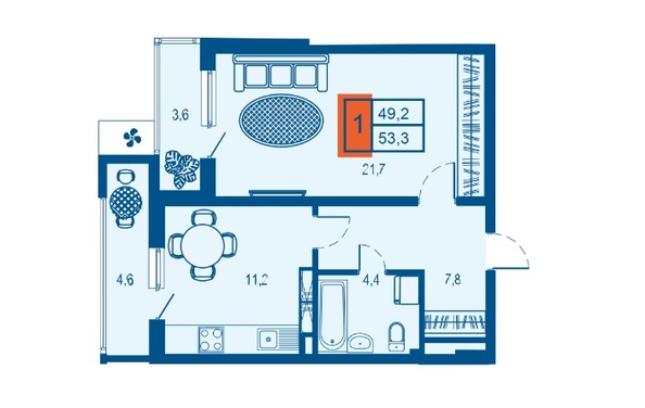 Планировка 1-комн 53,3 м²