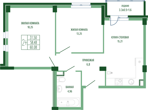 Планировка 2-комн 60,08 м²