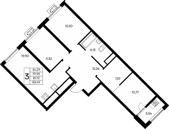Планировка 3-комн 83,49 - 83,93 м²