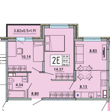 Планировка 2-комн 56,52 м²