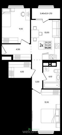 Планировка 2-комн 54,9 м²