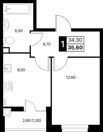 Планировка 1-комн 35,6 м²
