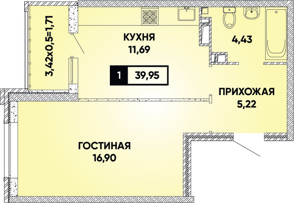 Планировка 1-комн 39,95 м²