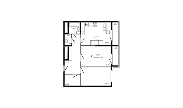 Планировка 2-комн 72,55 м²